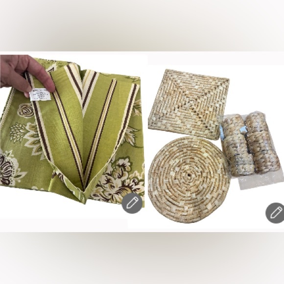 Set/ Woven Straw Trivets+ 6 Napkin Rings+4 Napkins NIB rings, NWOT Napkins - Picture 3 of 13